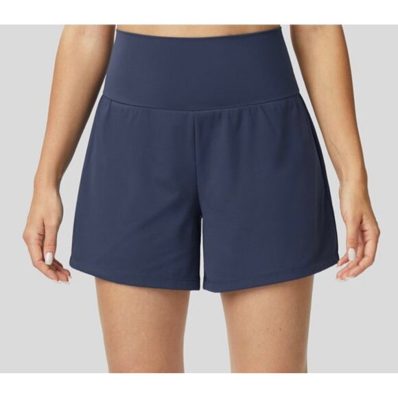 Halara Super High Waisted Yoga Shorts Sz XL Long Womens Blue Back Pocket & Side - Picture 1 of 4